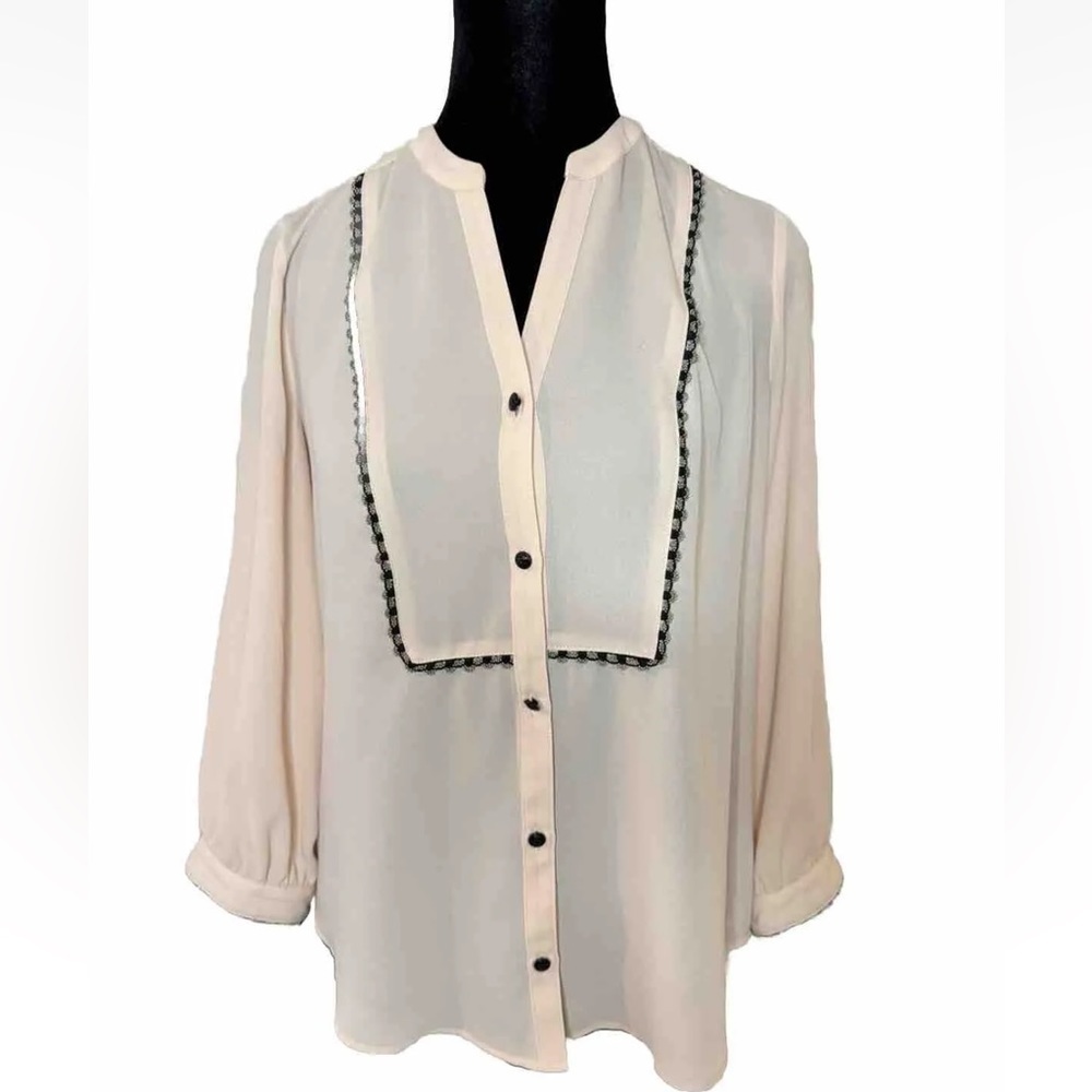 NWOT Karl Lagerfeld Paris XS Top Blush Black Silver Beads 3/4 Sleeves Career Top